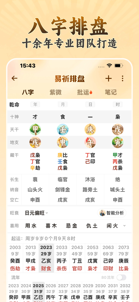 Yi Qi Pai Pan mobile app displaying a professional Chinese Bazi astrology chart
