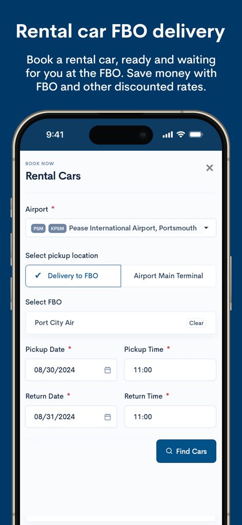 FlightBridge app interface for booking rental cars with direct delivery to FBO locations