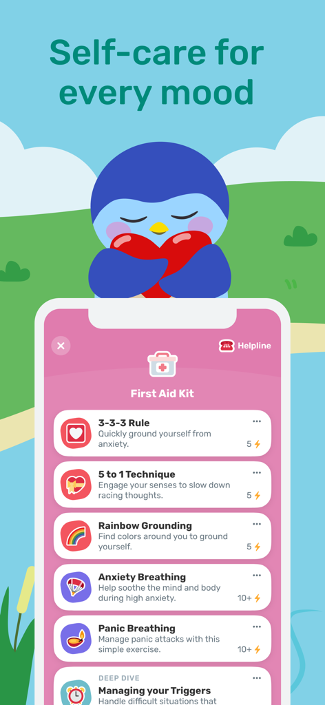Finch: Self-Care Pet - Una mascota finch azul abrazando un corazón sobre el kit de primeros auxilios de salud mental de la app Finch que muestra ejercicios de anclaje y respiración