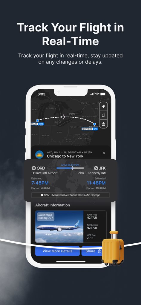 실시간 항공편 현황 및 지도 세부 정보를 보여주는 내 항공편 추적 앱 인터페이스