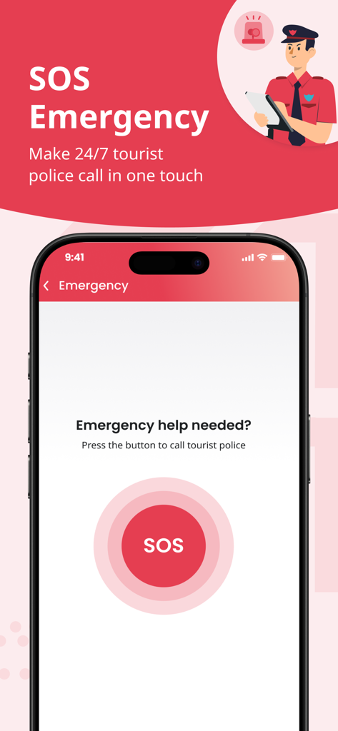 TAGTHAi app screen showing the one touch SOS Emergency call button for tourist police