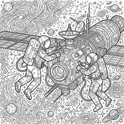 Journey beyond Earth's atmosphere with this captivating coloring page, featuring two astronauts performing a thrilling spacewalk. Dive into a detailed scene of celestial wonder, perfect for inspiring young minds and space enthusiasts alike.