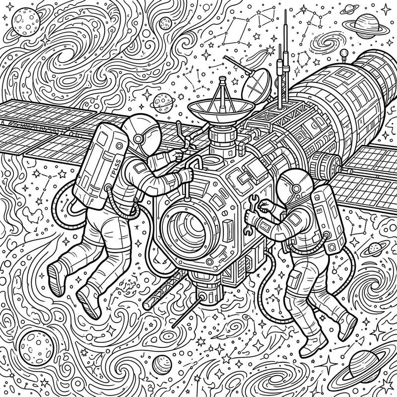Journey beyond Earth's atmosphere with this captivating coloring page, featuring two astronauts performing a thrilling spacewalk. Dive into a detailed scene of celestial wonder, perfect for inspiring young minds and space enthusiasts alike.