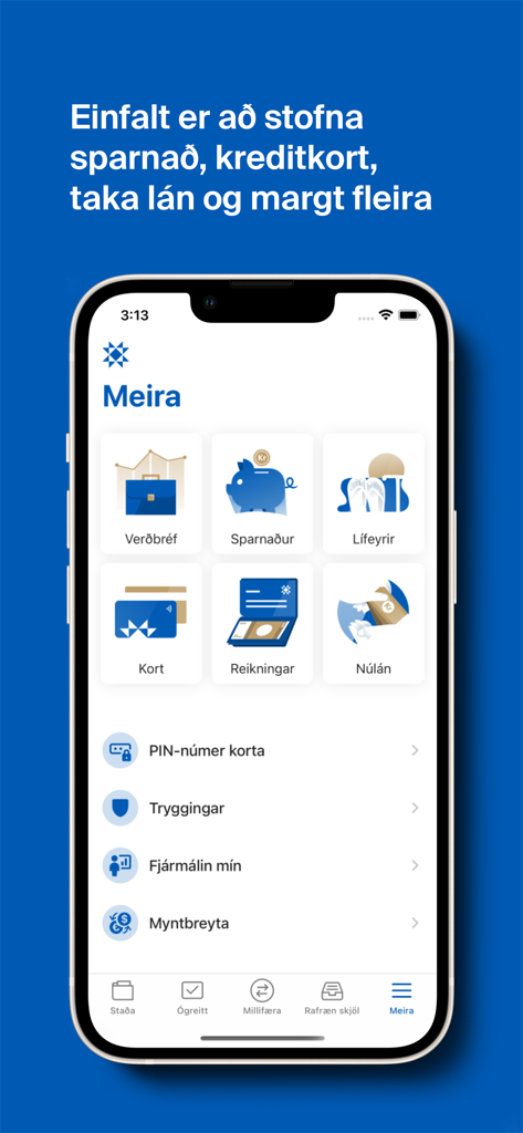 Arion banki - Arion banki app menu with icons for savings, investments, and loans