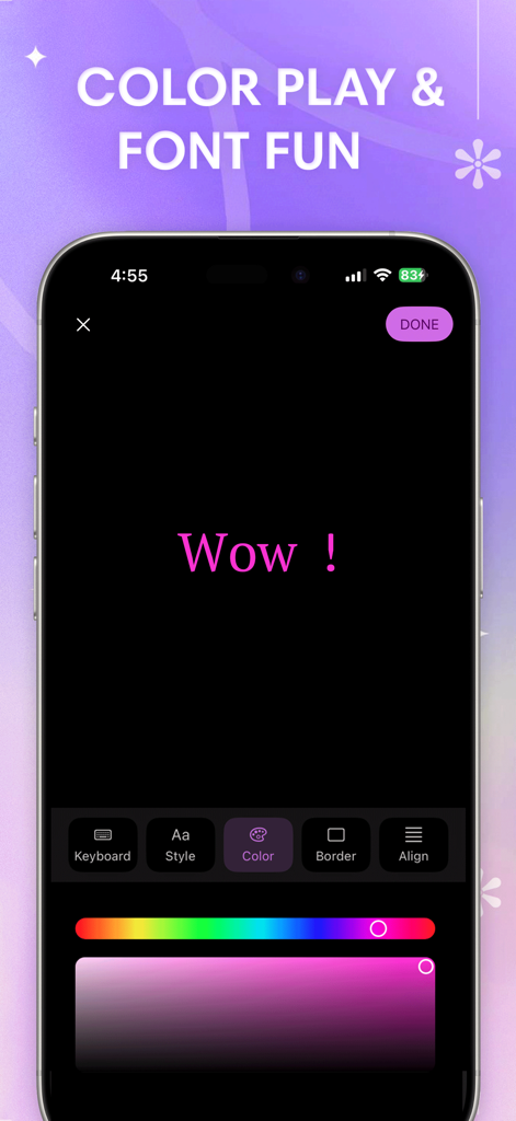 GIF Maker : Video Maker - Text editing interface in GIF Maker app showing color picker and font options for custom GIFs.