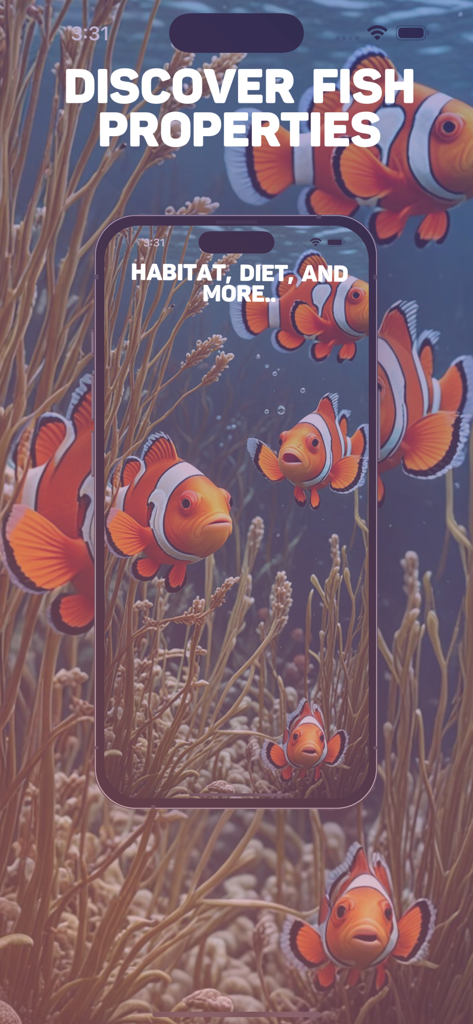 Fish Identifier & Finder - Tela do aplicativo móvel mostrando informações sobre espécies de peixes, como habitat e dieta, com imagens de peixe-palhaço