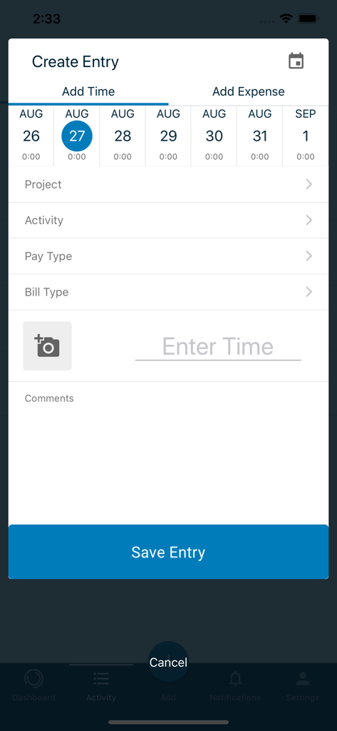 Journyx Mobile - Interface of the Journyx Mobile app showing the screen to create a new time entry with project and activity fields