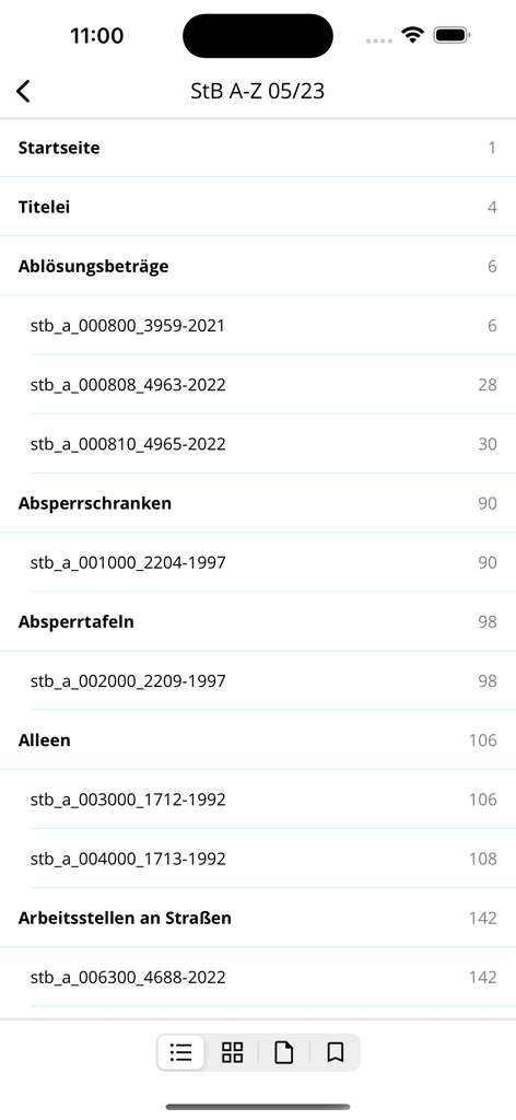 Straßenbau A-Z - Table of contents in the Straßenbau A-Z app listing road construction technical regulations and rulebooks.