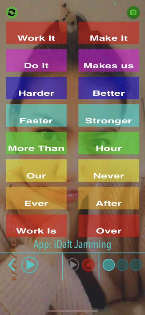 iDaft Jamming app interface with colorful lyric buttons and camera background