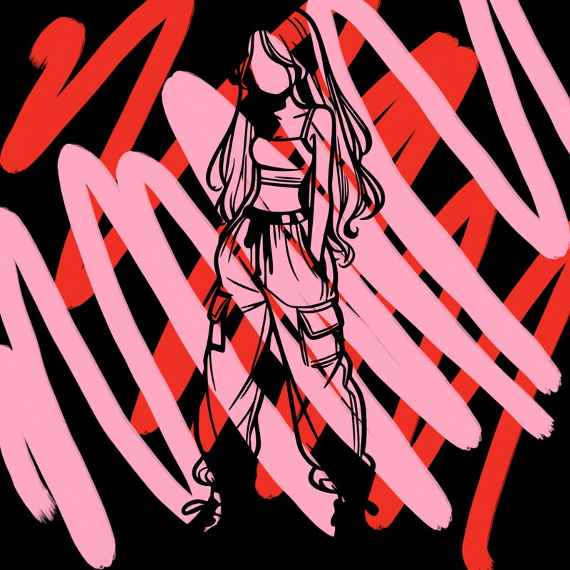 girl in baggy pants crop top and long hair