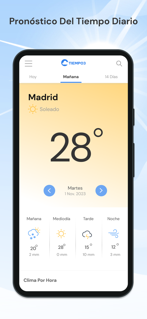 Tiempo3 - Clima y Pronóstico - Weather forecast in Spanish for Madrid showing a temperature of 28 degrees on the Tiempo3 app interface