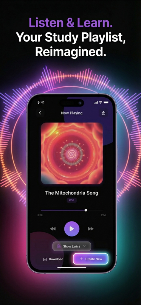 StudyBeats: AI Song Generator - Interface of StudyBeats app showing the Now Playing screen for an AI generated educational pop song about mitochondria