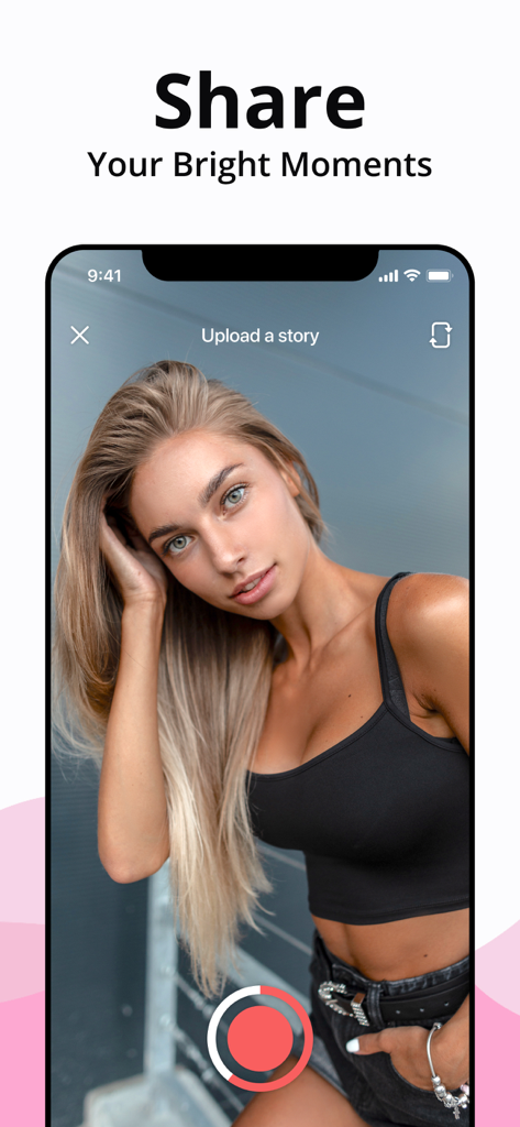 Mobile App-Oberfläche für Video Line, die eine junge Frau zeigt, die eine Story hochlädt, um helle Momente zu teilen.