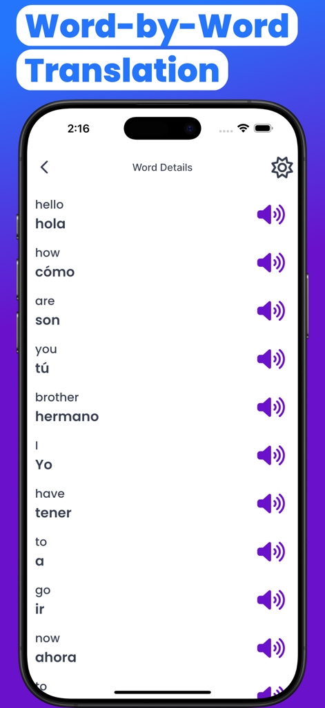 Mexican English translator app showing a list of word by word translations with audio icons