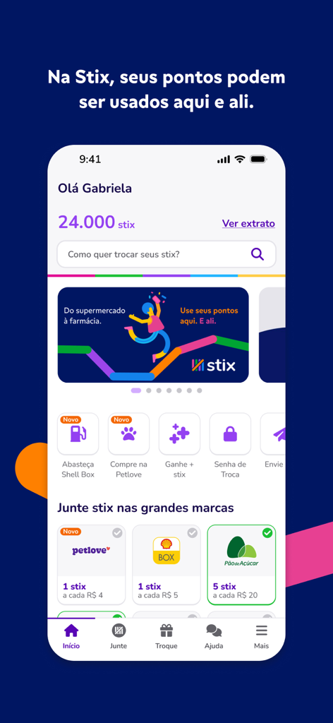 Stix mobile app interface showing a points balance and partner retailers for earning rewards