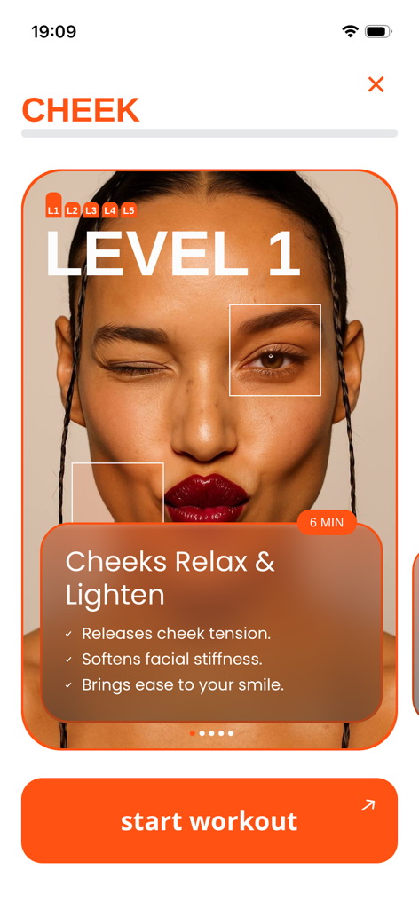 Liftique: Face Fitness - Interface of the Liftique app showing a Level 1 cheek relaxation exercise with a start workout button