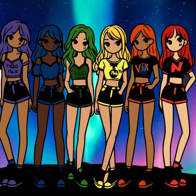 a group of girls wearing crop tops and shorts