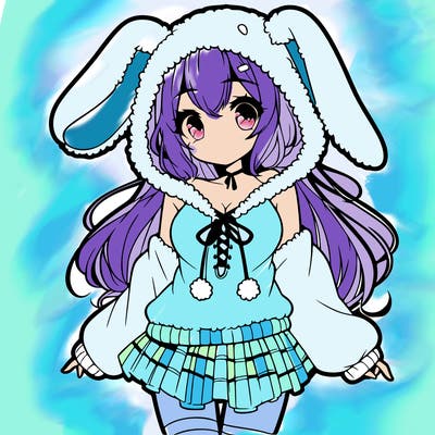 pretty anime girl wearing a fluffy hoodie with bunny ears on the hood and a skirt
