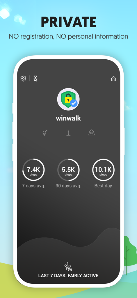 휴대폰 화면에 Winwalk 앱 걸음 수 통계가 표시되며 등록이 필요 없는 사용자 개인 정보 보호를 강조합니다.