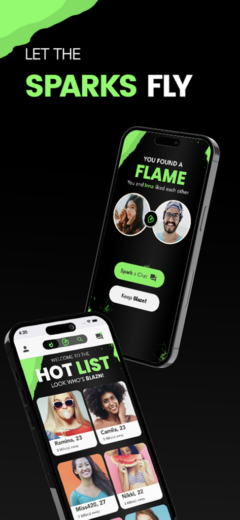 Blazr app screenshots showing a match screen with two profile photos and the featured hot list with several user profiles.