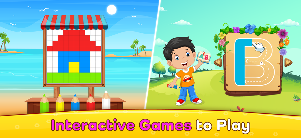 Baby Piano: Fun Music Games - A split screen showing a pixel art coloring activity of a house and a letter B tracing game with a cartoon boy.