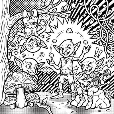 Unleash your creativity with this vibrant Pop Art coloring page featuring a band of mischievous goblins! Perfect for kids, this design combines playful characters with a dynamic comic book style for an exciting coloring adventure.