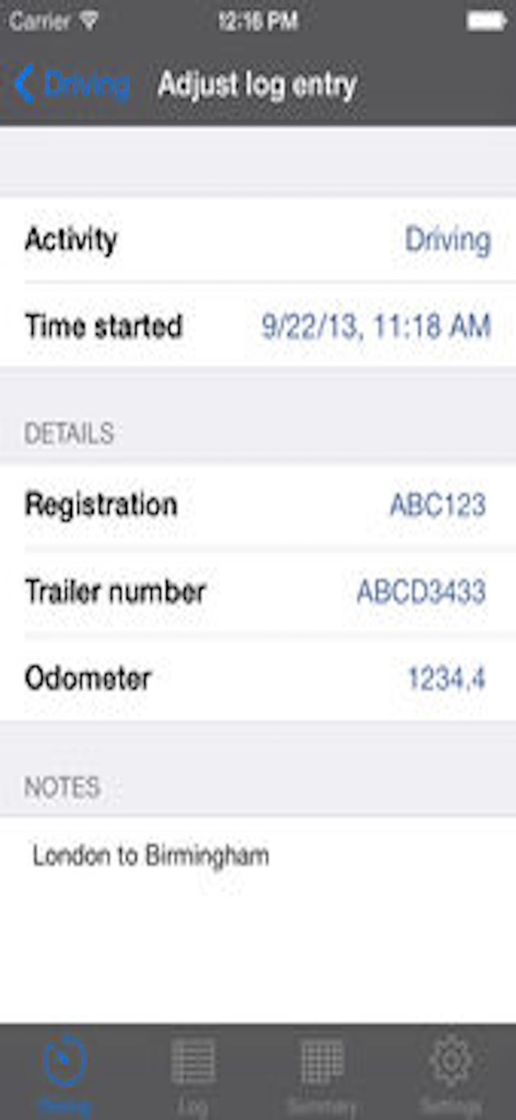 Interface of the TruckerTimer app showing a form to adjust a driving log entry including vehicle details