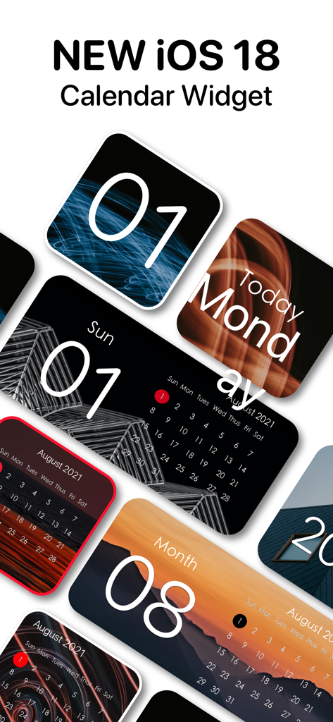 Calendar Widget - Date Widgets - A collection of aesthetic calendar widgets for iOS 18 displaying various colors, fonts, and layouts.