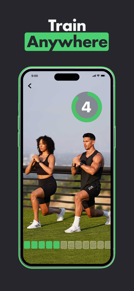 VG Fit mobile app showing a couple training outdoors with a lunge exercise