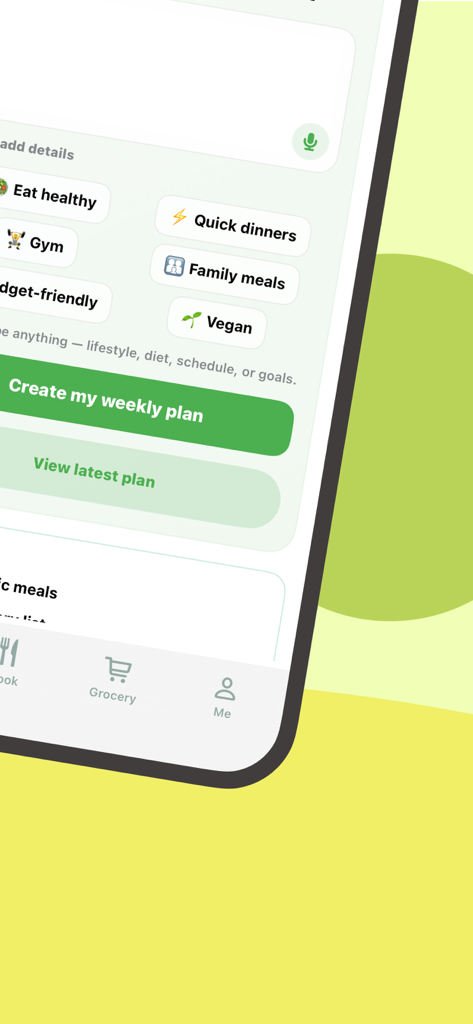 AI Meal Planner – Easy Dinner - Interfaz de la aplicación AI Meal Planner que muestra la creación de un plan semanal con etiquetas de preferencias para comer sano, cenas rápidas y opciones económicas.