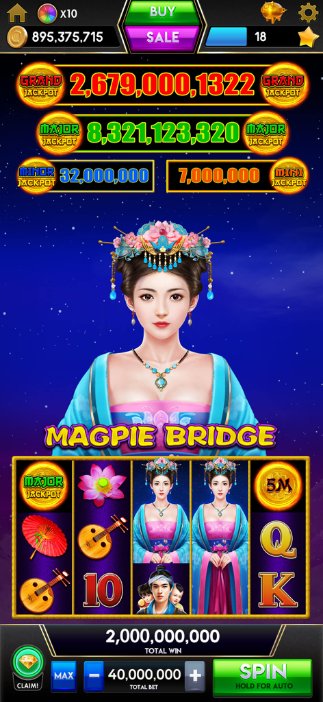 Citizen Jackpot Slots Casino - Gameplay de la machine à sous Magpie Bridge dans Citizen Jackpot Slots Casino, présentant un personnage sur le thème asiatique et de multiples jackpots progressifs