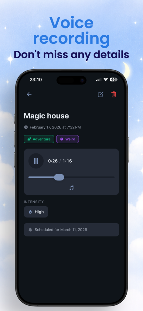 Morphée - Dream Diary - Interface of Morphée Dream Diary app showing a voice recording entry for a dream titled Magic House with adventure and weird tags.