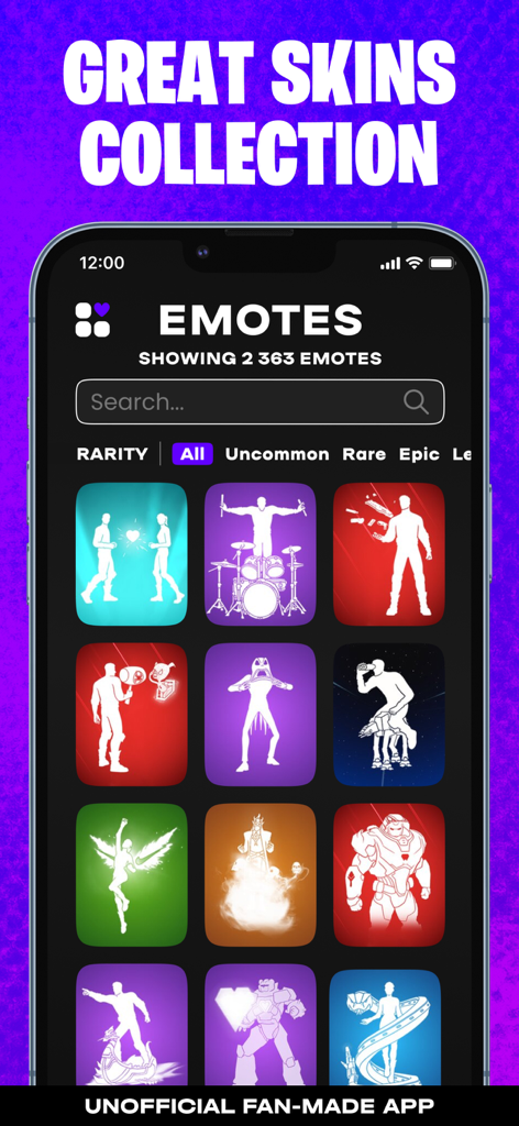 Mobile app interface for Skins Battle Royale showing a curated collection of game emotes categorized by rarity