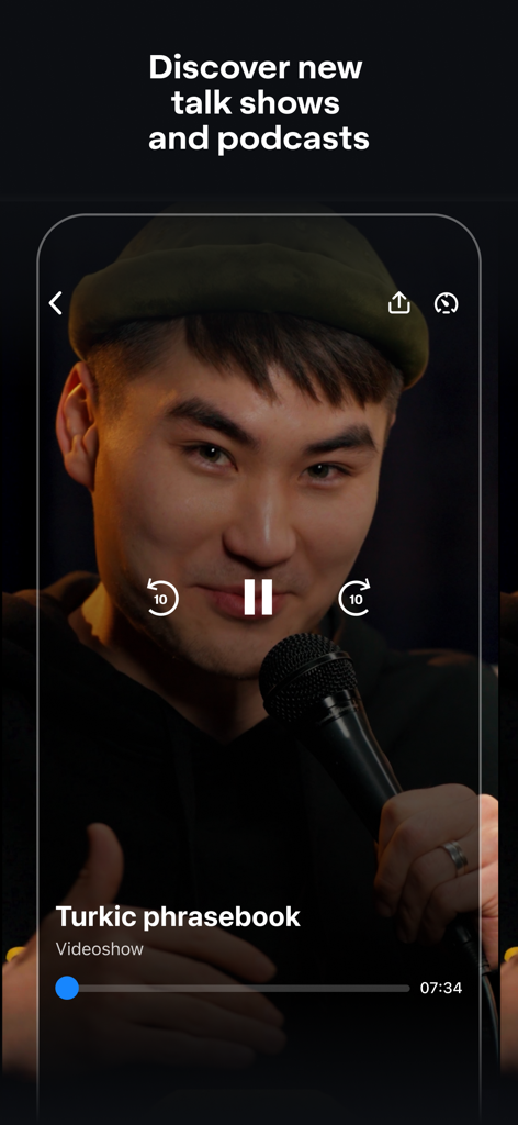 IZI KG app interface showing a video show titled Turkic phrasebook