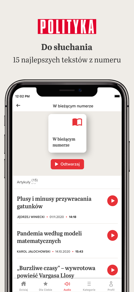Interface of the Polityka app showing a list of news articles with audio play buttons for listening
