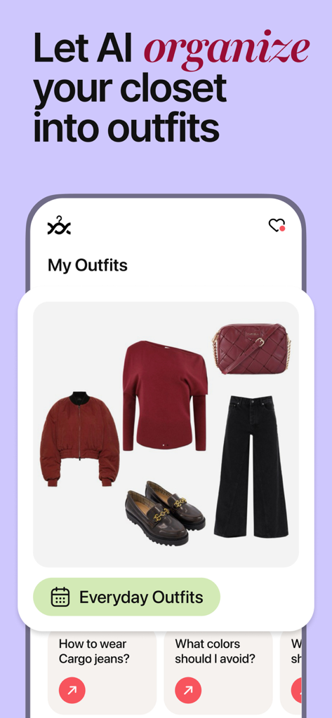 Style DNA: AI Color Analysis - Style DNA App-Oberfläche, die KI-generierte Outfits aus einem digitalen Kleiderschrank zeigt