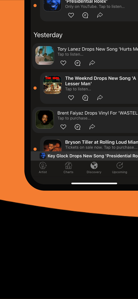 A screenshot of the BEEPR app showing a feed of real-time music alerts for new songs and vinyl drops from artists like The Weeknd and Tory Lanez.