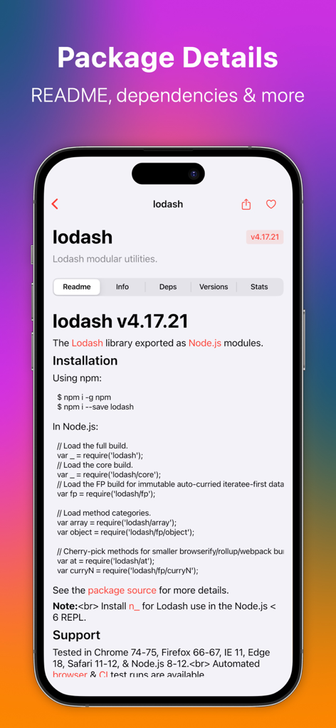 npm Registry app showing lodash package details and readme