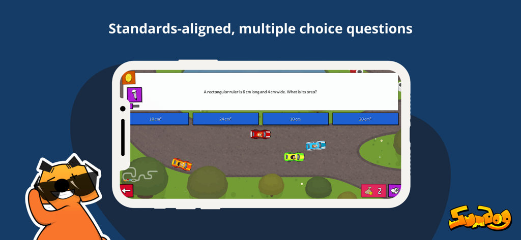 Sumdog - A Sumdog math racing game showing a multiple choice area calculation question for students