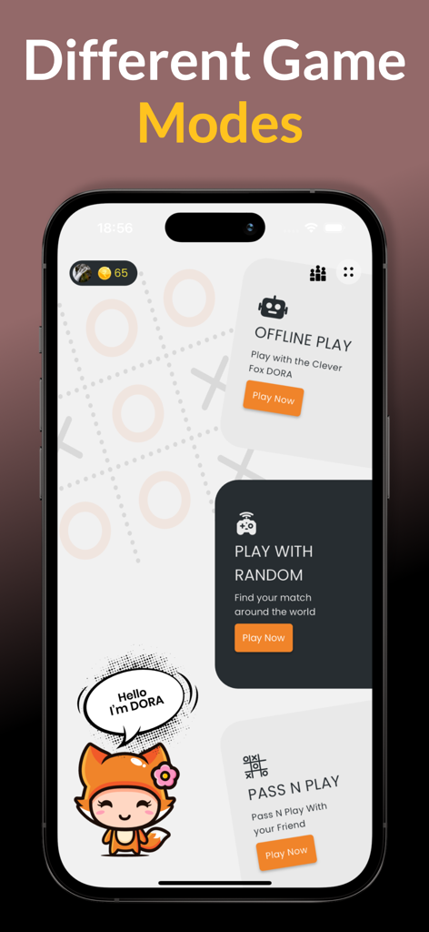 Screenshot of Cash'em All app showing three game modes: Offline Play, Play With Random, and Pass N Play, with a cartoon fox character named Dora.