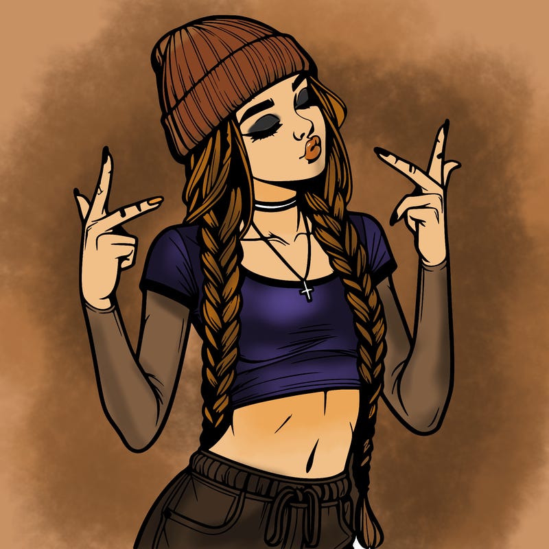 realistic teenage girl with braids and a beanie and crop top doing 🫶🏼
