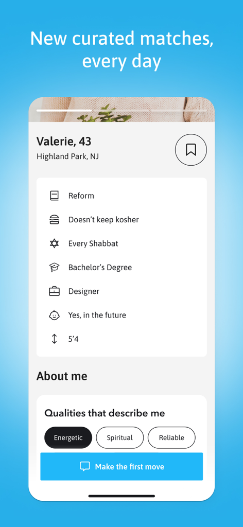 Profil utilisateur sur l'application Jdate montrant les détails des correspondances organisées, y compris l'affiliation religieuse, le statut casher et l'observance du Shabbat.