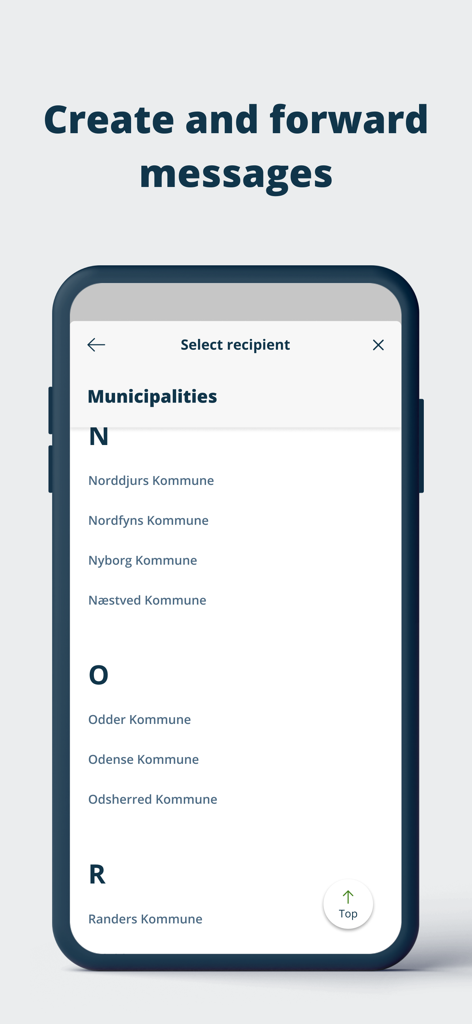 Interface of the Digital Post app showing a list of Danish municipalities for sending or forwarding messages.