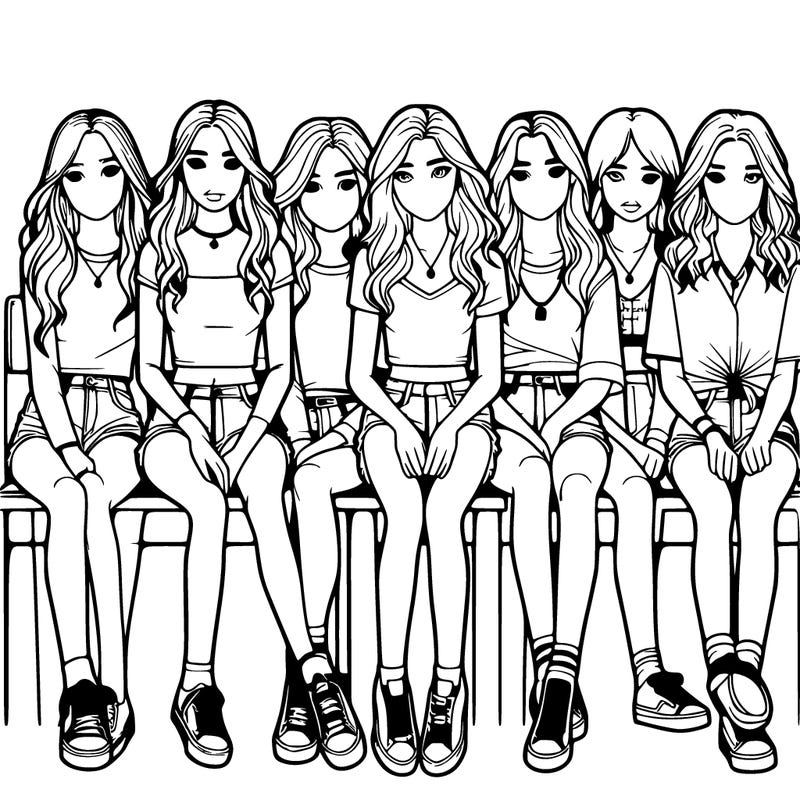 realistic teen girls sitting in a line