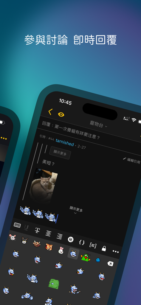LIHKG 討論區 - Discussão no fórum do aplicativo LIHKG mostrando uma resposta com a foto de um gato e figurinhas de emojis personalizados