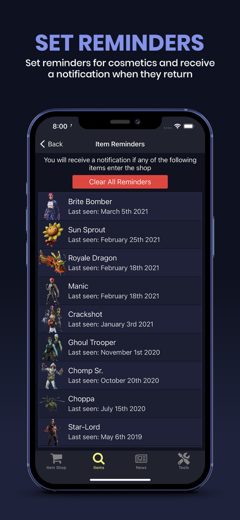 fnbr.co — Tracker for Fortnite - A mobile app screen showing a list of Fortnite items with set reminders and their last seen dates.