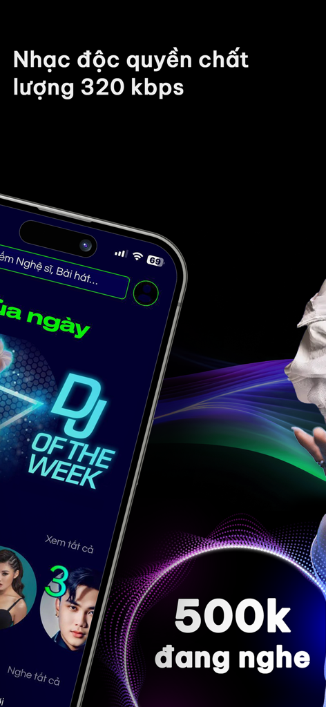 Diijam - Nhạc mp3 & EDM Remix - Diijam mobile app interface showcasing exclusive Vietnamese EDM and Vinahouse music with 320 kbps high-quality audio.