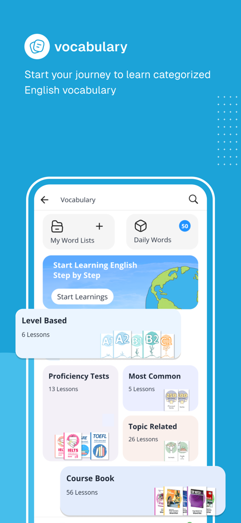 LanGeek |  Learn English - The LanGeek app interface showing categorized English vocabulary by CEFR levels and proficiency tests.