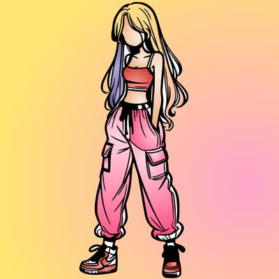 girl in baggy pants crop top and long hair