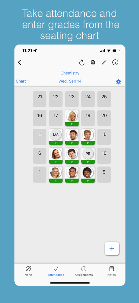 Teacher Aide Pro mobile app interface showing an interactive student seating chart for taking attendance and managing grades.